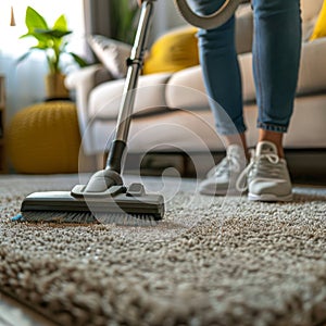 Carpet cleaning, long pile, fluffy doormat, dirty rug. Woman hoovering carpet in living room. Cleaning service