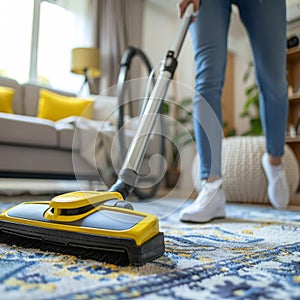 Carpet cleaning, long pile, fluffy doormat, dirty rug. Woman hoovering carpet in living room. Cleaning service