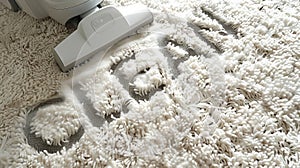 Carpet cleaning process with the word CLEAN on a white rug. Deep cleaning carpet service in action. Concept of home
