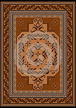 Carpet with ethnic ornament in brown and beige shades and a floral pattern in yellow and brown tones on the middle