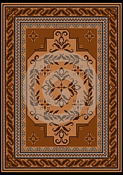 Carpet with ethnic ornament in brown and beige shades and a floral pattern in yellow and brown tones on the middle