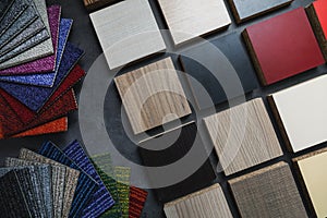 Flooring and laminate furniture material samples for interior design project