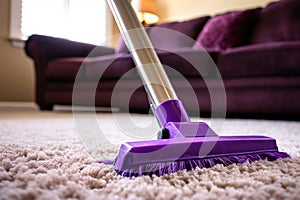 a carpet rake fluffing a plush purple rug post-cleaning photo