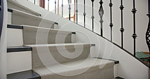 Carpeted spiral staircase with metal balustrades in hallway of luxury home, copy space, slow motion