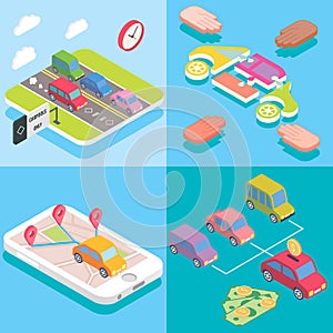 Carpool service concept in isometric style design. Vector flat 3d icons. People sharing cars. Mobile smartphone to share