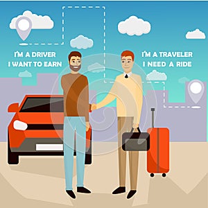 Carpooling concept vector illustration in cartoon style. Carpool and car sharing service poster. Two men shaking hands photo