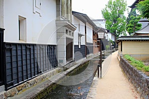 Carps fish river houses old village Hida Furukawa, Japan