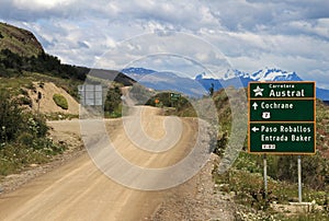 Carretera Austral highway, ruta 7, with road sign, Chile photo