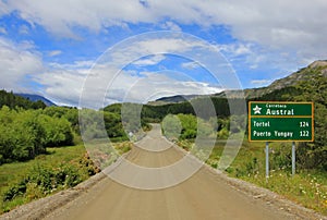 Carretera Austral highway, ruta 7, with road sign, Chile