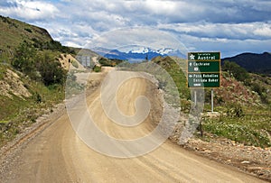 Carretera Austral highway, ruta 7, with road sign, Chile