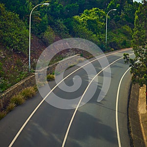 Carretera curva vacia con mucha naturaleza verde photo