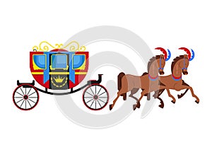 Carriage coach vector vintage transport with old wheels and antique transportation illustration set of coachman