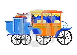 Carriage coach vector vintage transport with old wheels and antique transportation illustration set of coachman