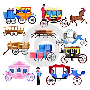 Carriage coach vector vintage transport with old wheels and antique transportation illustration set of coachman