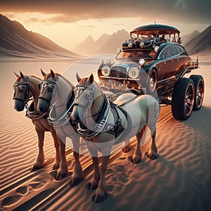 Carriage conversion british luxury sedan limo, pulled by strong running horses, speed, deserted road