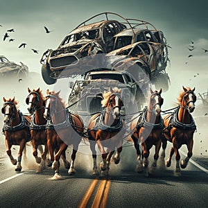 Carriage conversion british luxury sedan limo, pulled by strong running horses, speed, deserted road