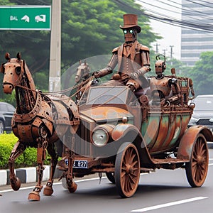 Carriage conversion british luxury sedan limo, pulled by strong running horses, speed, deserted road