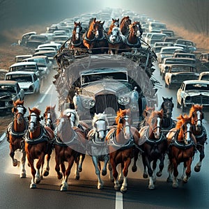 Carriage conversion british luxury sedan limo, pulled by strong running horses, speed, deserted road