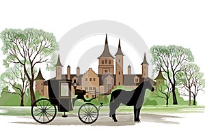 Carriage with horse over old city park background.