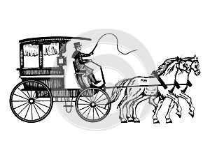 Carriage with horses engraving style vector