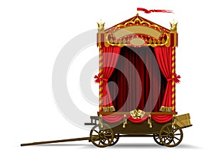 A carriage scene of a roving theater on wheels with a red curtain and decorations isolated on white