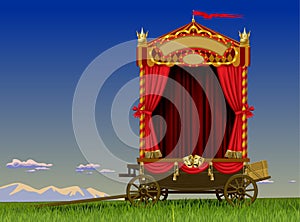 A carriage scene of a roving theater on wheels with a red curtain and decorationsin the field against the sky