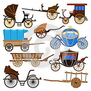 Carriage vector vintage transport with old wheels and antique transportation illustration set of royal coach and chariot