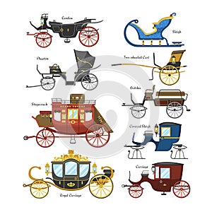 Carriage vector vintage transport with old wheels and antique transportation illustration set of royal coach and chariot