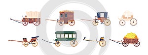 Carriages, Elegant Horse-drawn Vehicles, Used For Transportation Of People In The Past. Wagons Practical Vehicles