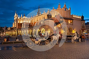 Carriages before the Sukiennice on The Main Market Square in Krakow