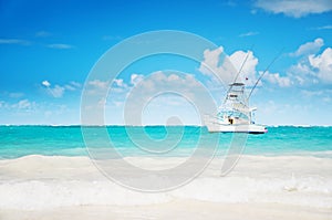 Carribean sea and sailing yacht near the coastline of Punta Cana, Dominican Republic