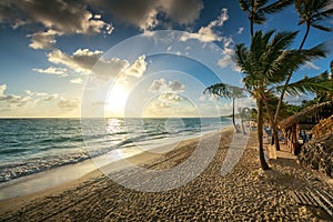 Carribean vacation, beautiful sunrise over tropical beach