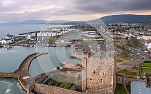 Carrickfergus town and the castle, on East Coast in Northern Ireland UK