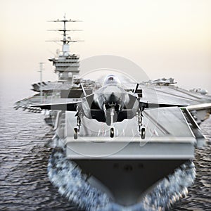 Carrier jet takeoff . Advanced aircraft jet taking off from a navy aircraft carrier.