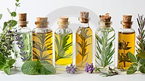carrier oils extract and plant in white background, natural skin care ingridients