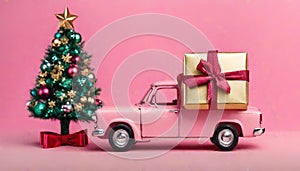 Carrito de la Compra en Miniatura con Regalos y Ãrbol de Navidad, AcompaÃ±ado de una Estrella Dorada sobre Fondo Rosado photo