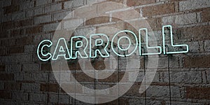 CARROLL - Glowing Neon Sign on stonework wall - 3D rendered royalty free stock illustration