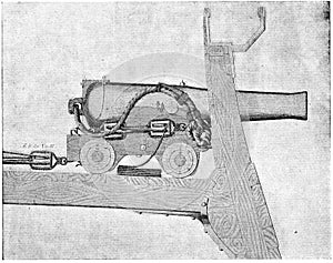 Carronade broadside protection. A carronade is a short, smoothbore, cast-iron cannon which was used by the Royal Navy. photo