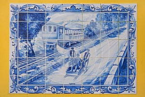 Carros de cesto do Monte or basket carts known as Monte Toboggan, shown on traditional Portuguese Azulejo tiles. Madeira, Portugal photo