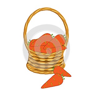 Carrot in basket wicker with a vine. Vegitable art design elements object isolated stock vector illustration