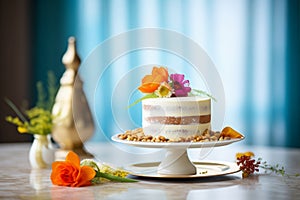 carrot cake with cream cheese frosting, nuts garnish on display