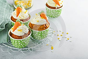 Carrot cake cupcakes for Easter. Carrot cupcakes with cream cheese frosting decorated with tiny marzipan carrots on white