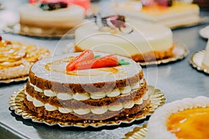 Carrot cake prepared on the metal table of a food factory