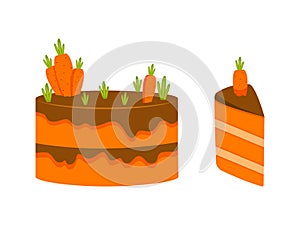 Carrot cake whole and slice. Vector illustration.