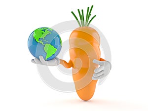 Carrot character holding world globe