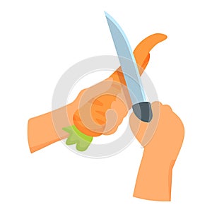 Carrot cut food icon cartoon vector. Kitchen knife using