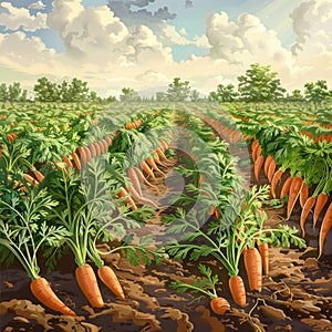 Carrot Field, Carrot Crop, Many Carrots Agriculture Landscape, Vegetable Farm, Drawing Imitation