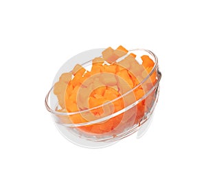 Carrot fresh fly float in glass bowl in Air turn to dice cube shape. Beta Carotene orange color in Carrot is good health. Many