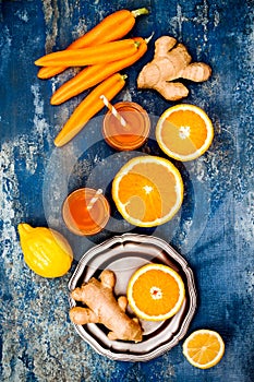Carrot ginger immune boosting, anti inflammatory smoothie with turmeric and honey. Detox drink