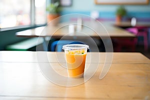 carrot juice in a disposable togo cup with orange lid, on caf table